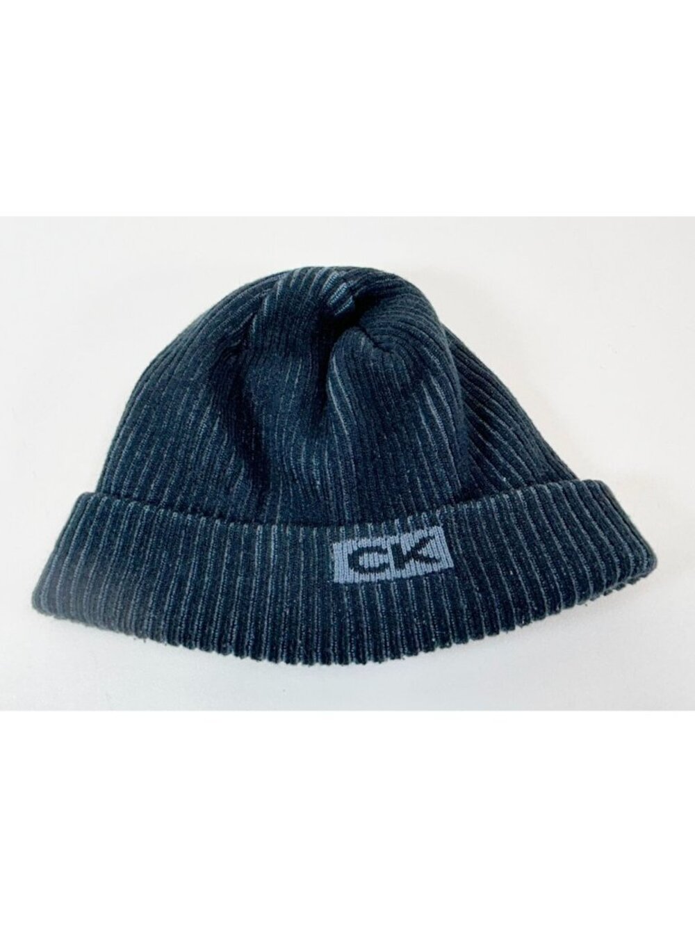 CK Ribbed Knit Beanie Hat Black Gray Folded Cuff Warm